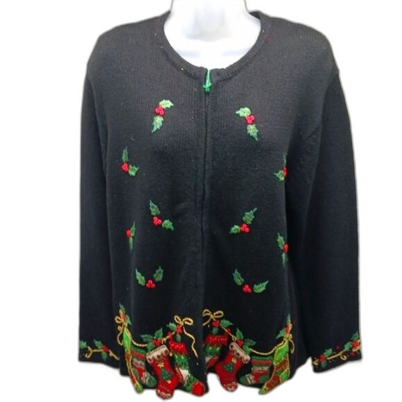 Tiara Internation Embellished Holly & Decoration Black Zip Up Sweater Y2K Medium - Picture 1 of 13